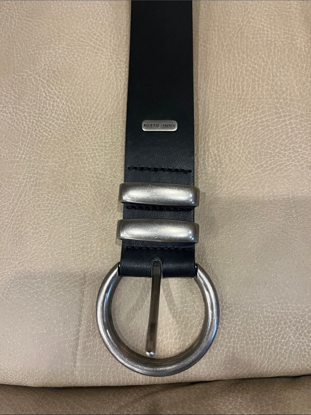 Anne Klein Black Leather Belt with Silver Ring Buckle